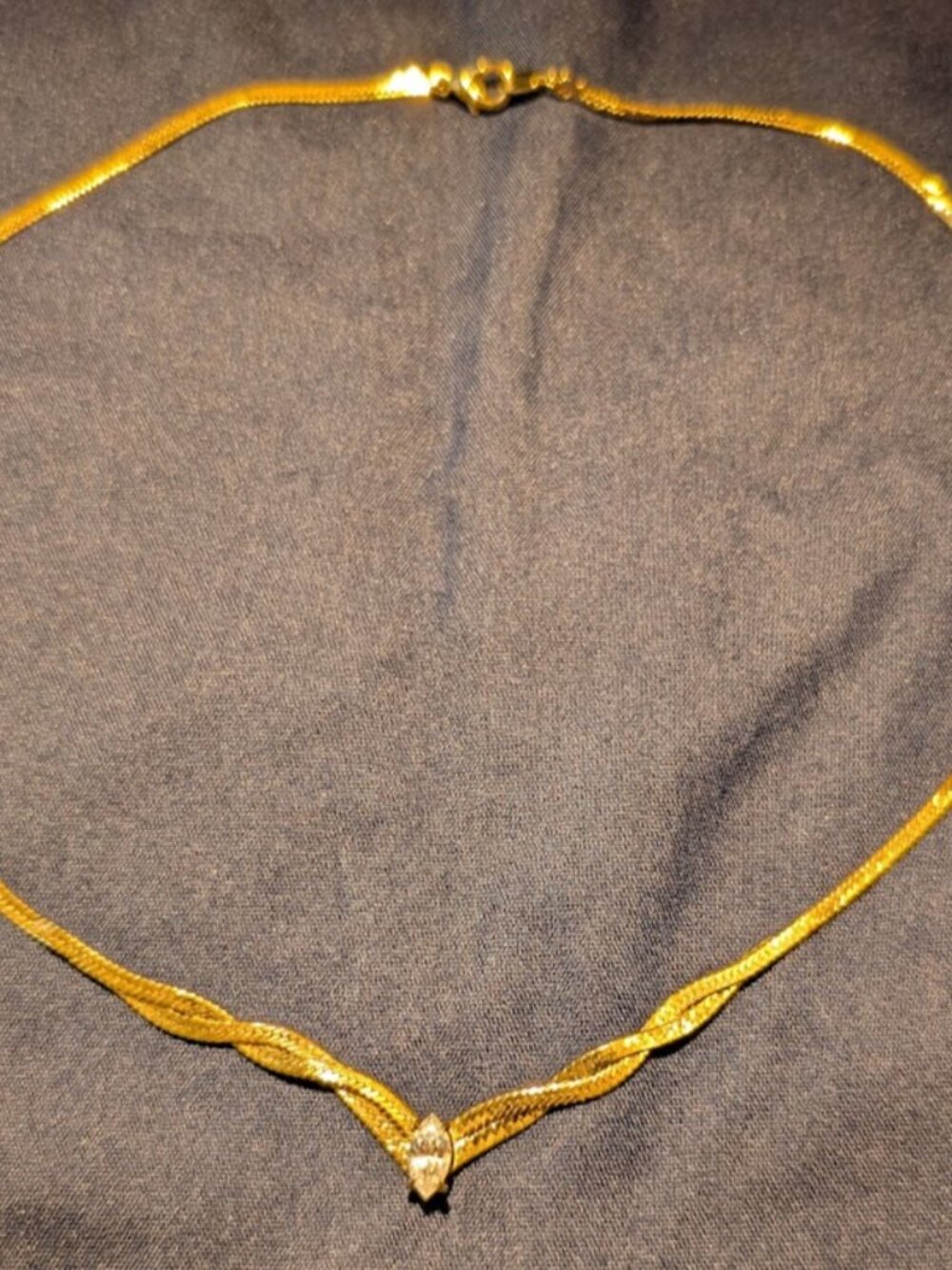 Vintage Gold Tone Braided Twisted Herringbone Marquise Faux Diamond Pendant Neck